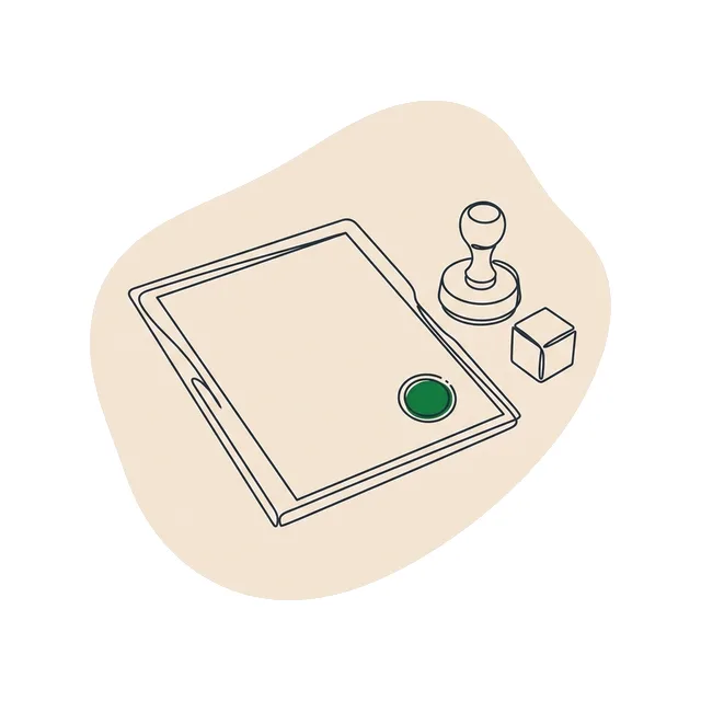 Porte-document et feuille tamponnée à côté d’un cube de bois
