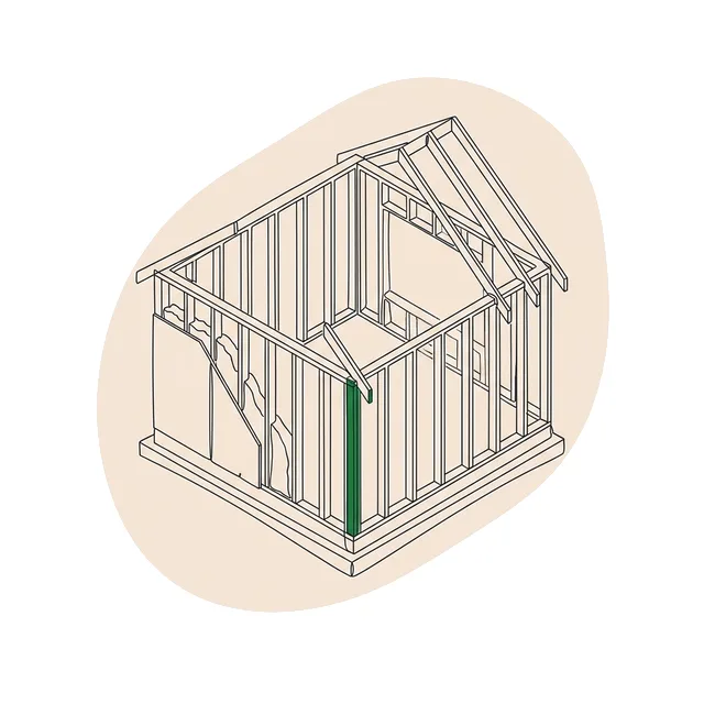 Maison à ossature bois en coupe, un montant mis en évidence